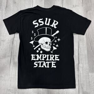 SSUR Black Graphic T-Shirt Mens Medium Red Rose Logo Streetwear Y2K Empire State